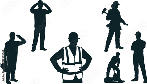Vector silhouettes of workers in diverse professions including construction, firefighting, manual labor, supervision, teamwork, and industrial occupational roles