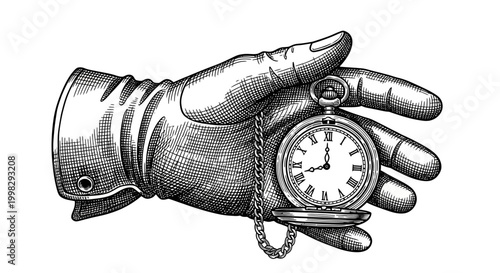 A hand in a Victorian style holds a pocket watch with engraving details in a vector illustration.