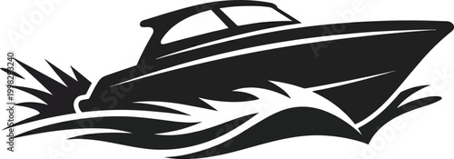 A dynamic black silhouette of a speedboat cutting through water leaving a splashing wake behind it silhouette high quality professional detailed
Speedboat Riding Through Waves Vector Illustration
