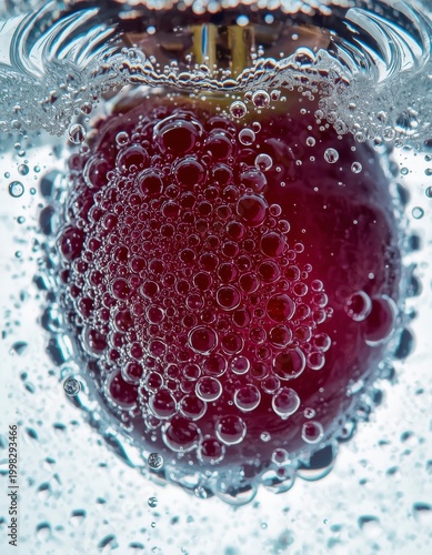 Macro photography of a single deep purple grape submerged in sparkling carbonated water with many tiny bubbles.