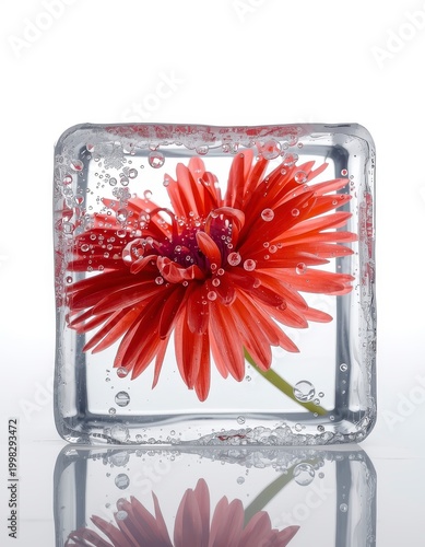 Macro photography of a single deep red Gerbera daisy flower frozen in a square ice cube with water bubbles.