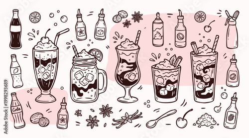 American Viral Drink Vintage 1930s Rubber Hose Style Dirty Soda and Flavored Mocktail Doodle Set