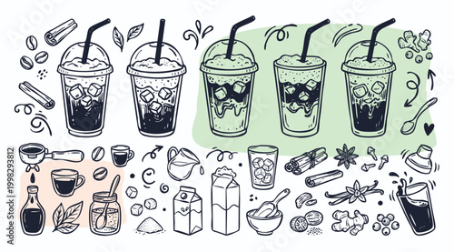 American Viral Drink Vintage 1930s Rubber Hose Style Iced Espresso and Shaken Brown Sugar Oat Milk Coffee Doodle Set