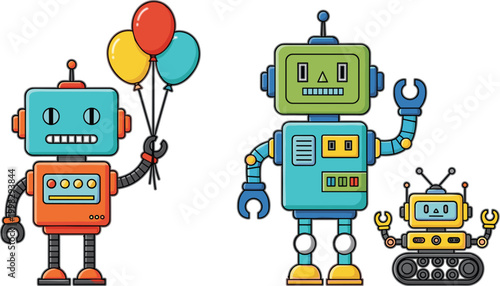 Cute Robot Character Collection with Balloons Friendly Android Toys and Cartoon Bot Illustrations for Kids Technology Design and Playful Sci Fi Graphics