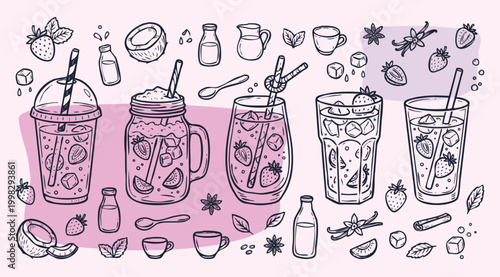 American Viral Drink Vintage 1930s Rubber Hose Style Pink Coconut Water and Strawberry Refreshment Doodle Set