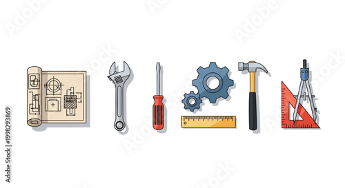 Konstfotografi Set of industrial engineering and construction hand tools with blueprints on whi