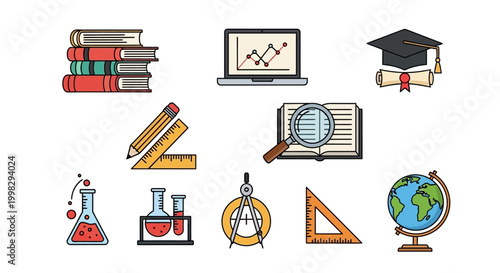 Flat vector icon set of school supplies and education elements on white background