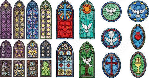 Set of colorful stained glass window vector illustrations featuring religious symbols like the holy cross, white dove of peace, and sacred heart icons for church decoration