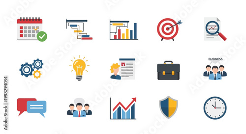 Set of flat business management and corporate strategy icons on white background