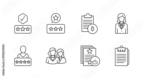 Set of minimalist line icons for customer feedback, business ratings, and human resources.