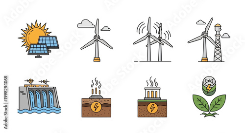 Collection of renewable energy icons including solar, wind, hydro, and geothermal power.