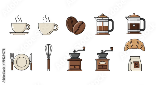 Collection of flat icons for coffee and breakfast items.