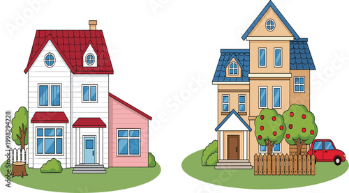 Two Colorful Cartoon Suburban Houses Vector Illustration Set with Cute Garden Trees Fence Red Car and Architecture Details for Real Estate Design