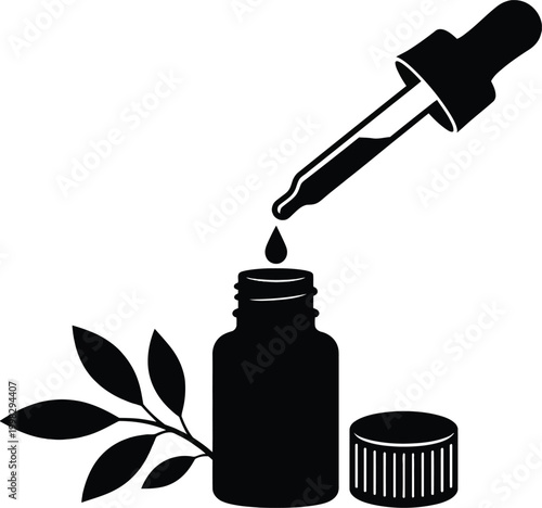 A simple black silhouette depicts two dropper bottles one upright and one tilted releasing liquid high quality
Black silhouette of a dropper bottle with a pipette and a single liquid drop illustrating