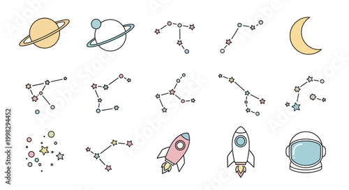 Space icons with planets and rockets.