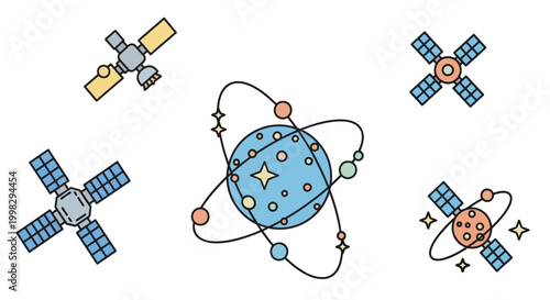 Satellites orbiting the planet Earth in space.