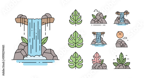 Waterfall with leaves and rocks illustration.