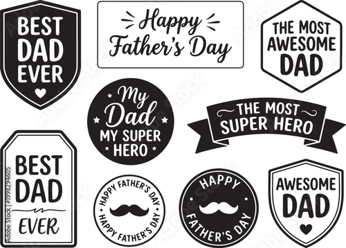 Minimalist Black and White Father's Day Labels and Badges Set with Hand Drawn Typography