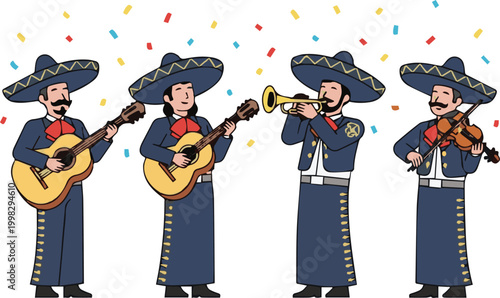Four mariachi musicians playing guitar, trumpet, and violin at a celebration