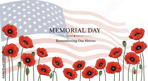 Memorial Day vector illustration with red poppy flowers and US flag