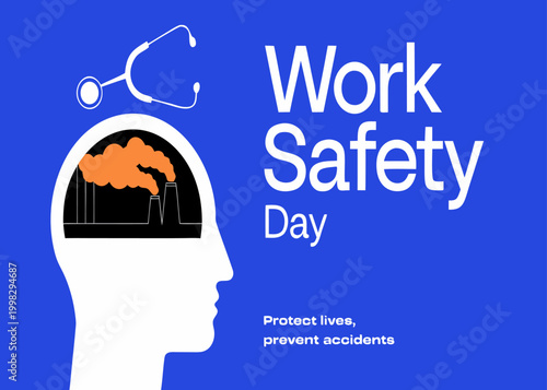 World Day for Safety and Health at Work vector with helmet, stethoscope, worker, blue background.