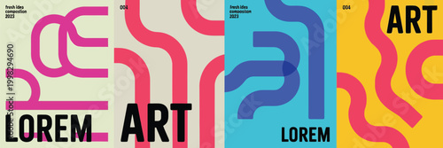 Abstract art posters with flowing lines bold colors and typographic elements
