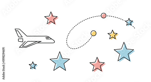 Airplane flying through colorful star trail.