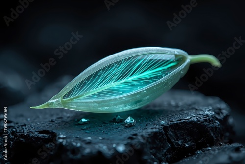 Hyper-realistic macro of a single translucent organic seed pod with glowing seeds inside