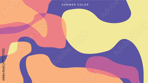 Abstract summer background with fluid liquid shapes and vibrant organic wavy forms in purple, orange, and yellow.