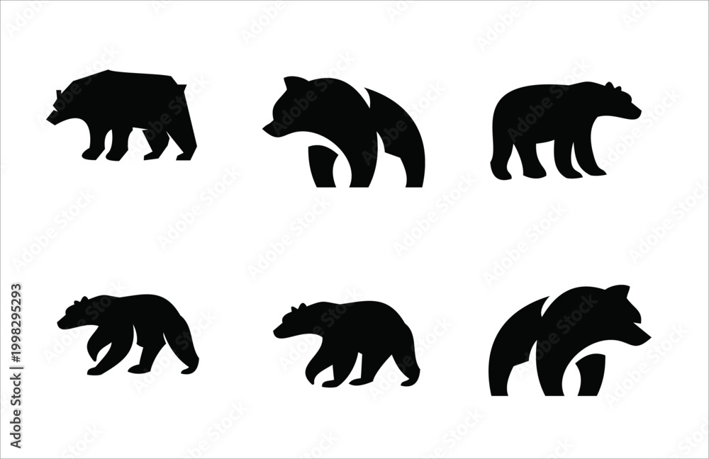Fototapeta premium Bear Silhouette Vector Set. Collection of Six Different Black Bear Icons for Wildlife and Logo Design.