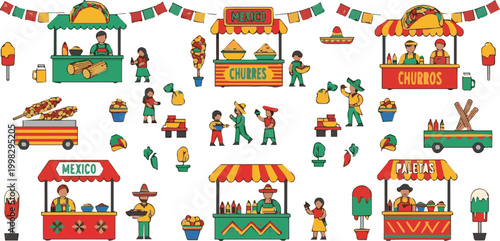 Vibrant market scene with people shopping at colorful food and drink stalls outdoors