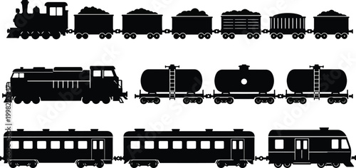 Minimalist line art train icon set featuring steam, diesel, high-speed, and subway locomotives for transportation design
