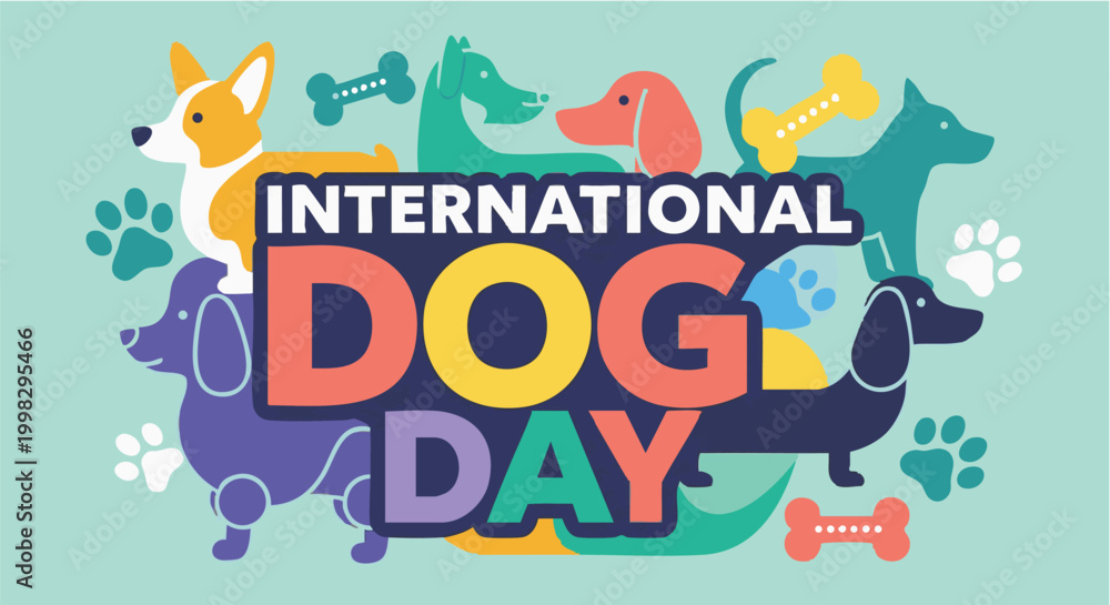 Naklejka premium International Dog Day colorful illustration with various dog breeds and paw prints in playful vibrant style for social media