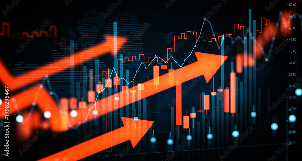 Obraz premium Dynamic financial trading chart with rising red arrows and illuminated market indicators depicting upward economic movement and future investment trend.