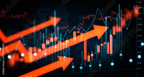 Dynamic financial trading chart with rising red arrows and illuminated market indicators depicting upward economic movement and future investment trend.