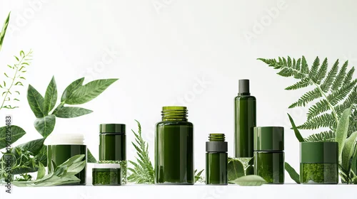 Obraz Green cosmetic bottles and jars arranged artfully with fresh leaves against a clean white backdrop suggesting natural skincare and organic beauty products now, ok (150)