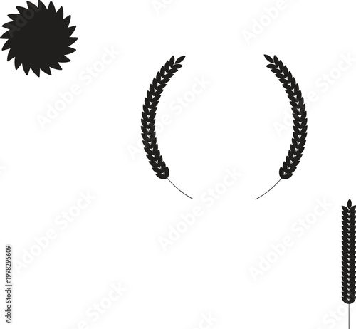 Black wheat icons, wheat sheaf symbols, grain illustrations, agricultural graphics