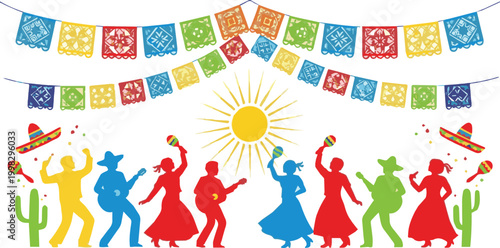 People dance under colorful flags and sun with cacti nearby outdoors