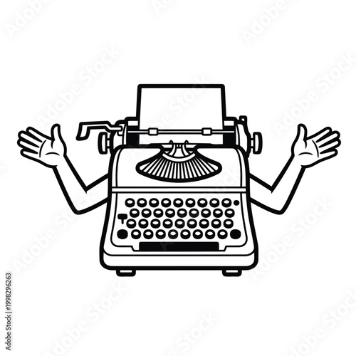 Anthropomorphic typewriter with outstretched arms welcoming the viewer