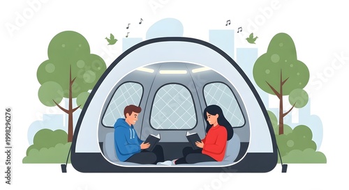 Cozy Couple Inside Modern Dome Tent Reading Books Outdoors