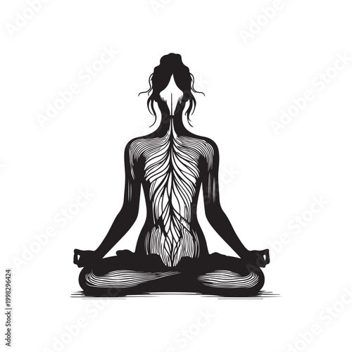 Silhouette of woman meditating with intricate spinal cord and nerve detail meditation yoga
