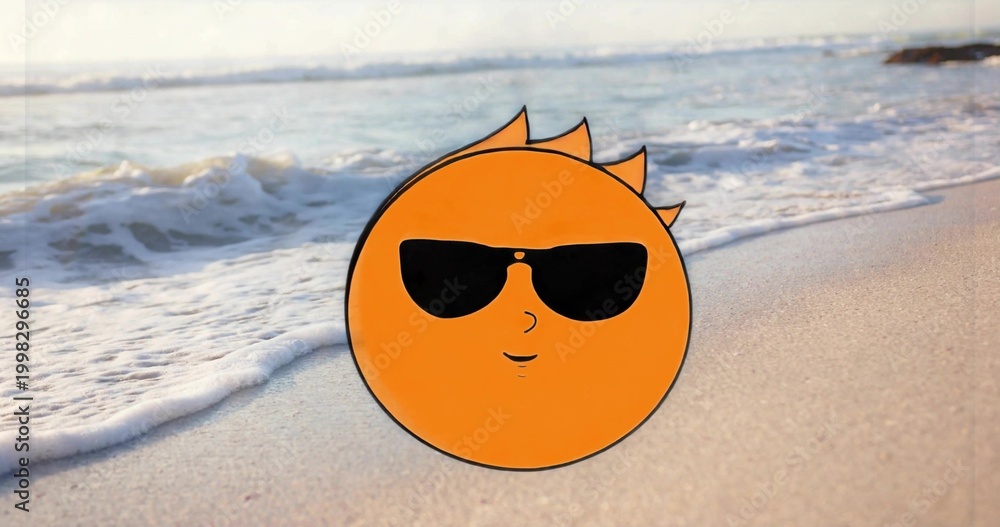Obraz premium Floating orange cartoon sun with black sunglasses sitting near wet sand and foamy surf, coastline