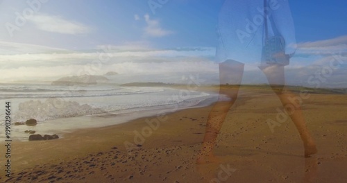 Εκτύπωση καμβά Walking female legs blending with coast wearing blue skirt, footprints, purse, c