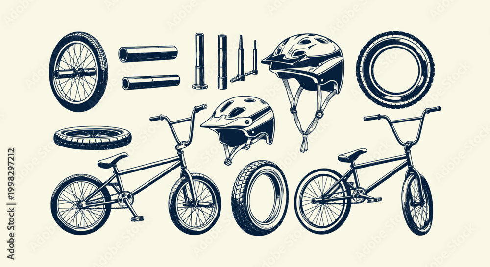 Fototapeta premium Vintage hand-drawn BMX bicycle set with extreme sports gear helmets wheels and bike parts vector
