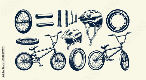 Vintage hand-drawn BMX bicycle set with extreme sports gear helmets wheels and bike parts vector