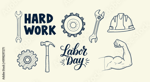 Labor Day celebration hand drawn doodle set with industrial tools and hard work lettering concept