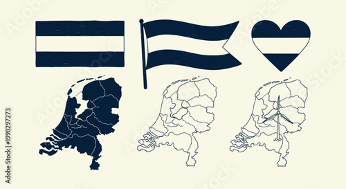 Hand-drawn Netherlands map and flag set with heart and windmill icons for travel and geography design