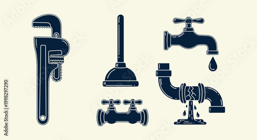 Plumbing Repair Vector Icons Set with Pipe Wrench Plunger Faucet and Broken Water Pipe Leakage Scene