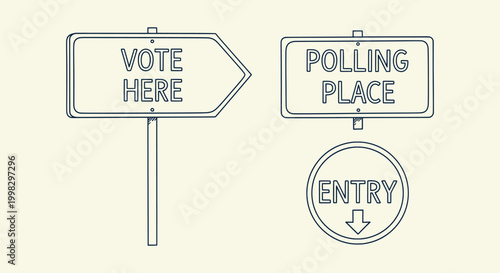 Minimalist Election Day Voting Signs Illustration with Polling Place Entry and Vote Here Icons.
