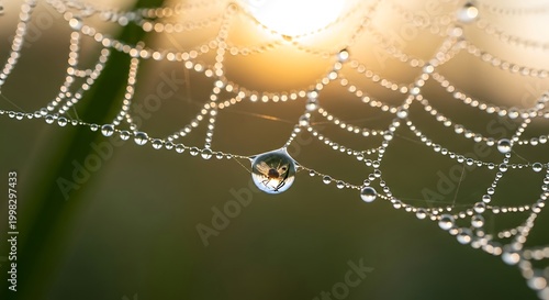 Delicate Spider Web with Dew Drops at Sunrise